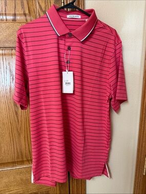 Ashworth Pink-Red Striped Polo with Contrast Collar
